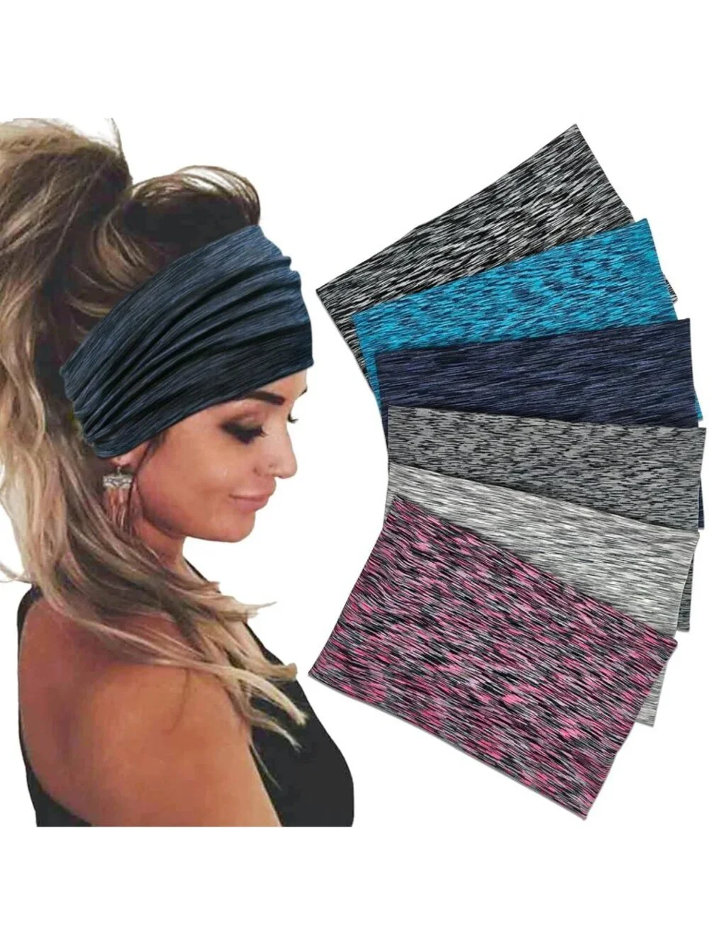 Women Space Dyed Base Stretch 6 Pack Headband Turban Yoga Hairband Accessories